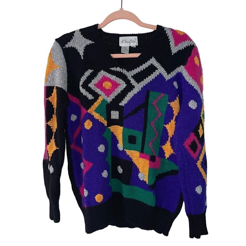 Christine Vintage Womens Sweater Size Medium Black Wool Angora Abstract V-Neck